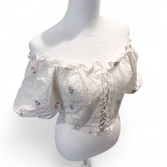 FOR LOVE & LEMONS Rainey Crop Top IVORY XS Eyelet Puff Sleeve Lace-Up - Picture 6 of 9